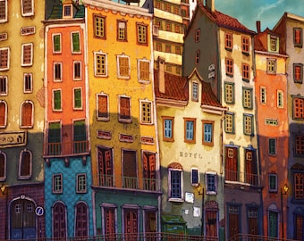 May include: A colorful illustration of a row of buildings in a European city. The buildings are painted in shades of yellow, orange, blue, and green. There are windows and doors on each building, and some of the buildings have balconies. The buildings are situated on a street with a cobblestone sidewalk and a small cafe in the foreground.
