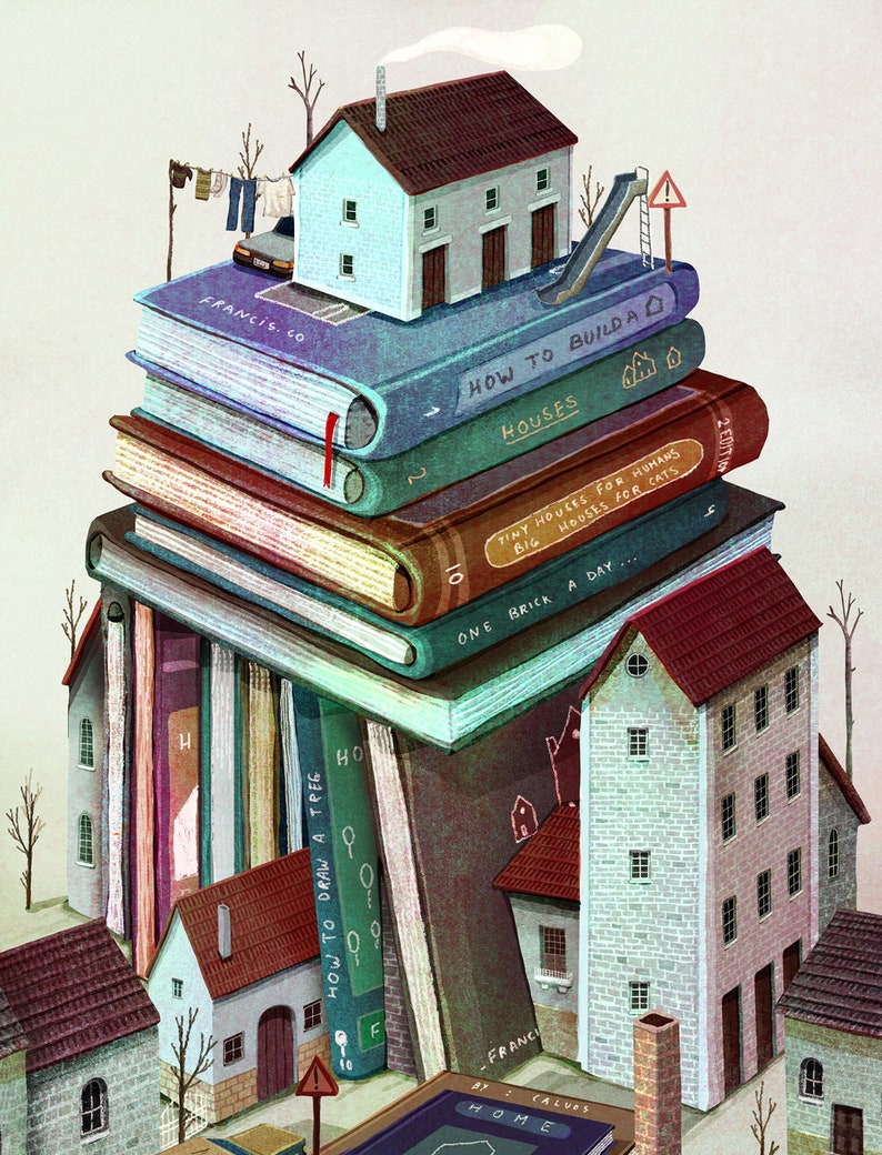 Puede incluir: Una pila de libros coloridos con t&iacute;tulos como "C&oacute;mo construir casas" y "Un ladrillo al d&iacute;a" est&aacute;n apilados uno encima del otro. Una peque&ntilde;a casa con un techo marr&oacute;n y un exterior azul se sienta en la parte superior de la pila de libros. Un peque&ntilde;o tobog&aacute;n est&aacute; unido al lado de la casa. Hay varias otras casas peque&ntilde;as en el fondo.