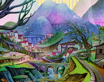 May include: A whimsical illustration of a village nestled in a valley, surrounded by mountains and a stone bridge. The scene is painted in a vibrant palette of blues, greens, and reds, with a touch of yellow in the sky. The village is made up of small, colourful houses with red roofs, and there are trees and flowers scattered throughout the landscape.