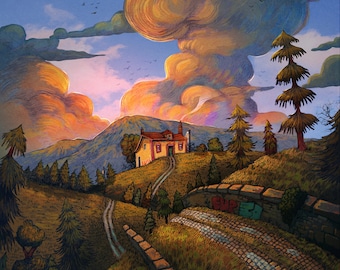 May include: A small, yellow house with a red roof sits on a hilltop overlooking a winding road. The road is lined with trees and a stone wall. The sky is a vibrant blue with fluffy, orange clouds.