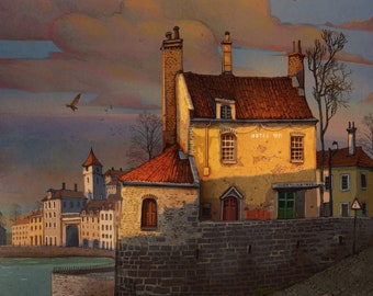 May include: A yellow building with a red roof and the text "Hotel 1831" on the side. The building is situated on a cobbled street next to a river. The sky is a soft pink and orange.