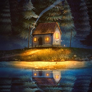May include: A digital illustration of a small wooden cabin with illuminated windows, set on a grassy hill, reflected in the water. The cabin has a brown roof and is surrounded by tall, dark green trees, creating a tranquil, nighttime forest scene.