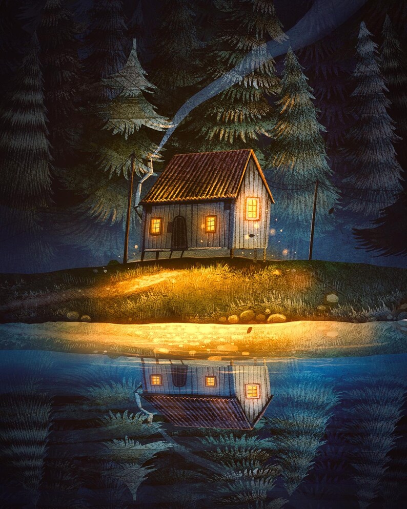 May include: A digital illustration of a small wooden cabin with illuminated windows, set on a grassy hill, reflected in the water. The cabin has a brown roof and is surrounded by tall, dark green trees, creating a tranquil, nighttime forest scene.