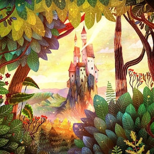 Pode incluir: Uma ilustração de um castelo de conto de fadas no topo de uma colina rochosa, cercado por uma floresta exuberante. O castelo tem várias torres com telhados vermelhos e é banhado pela luz do sol. A floresta é cheia de folhas verdes e amarelas e flores vermelhas.