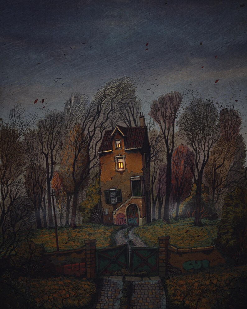 May include: A two-story house with a lit window stands in a dark forest. The house is painted a pale yellow with a brown roof. The trees are bare and the ground is covered in fallen leaves. A path leads to the front door of the house.