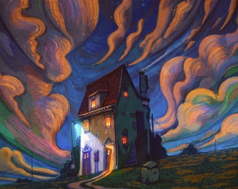 May include: A green house with a red roof and a lit window stands on a dirt road leading away from the house. The house is surrounded by green grass and a dark blue sky with swirling orange clouds.