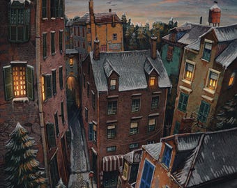 May include: A snowy, twilight cityscape with a narrow street winding between brick buildings. The buildings have snow-covered roofs and windows with warm, glowing light. A small evergreen tree stands in the foreground.