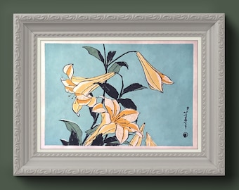 Traditioneller japanischer Druck "Lily" von Hokusai - Handgemachtes Mokuhanga