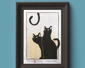 Japanse print "Three Cats" (三匹の猫) - Traditionele Mokuhanga volledig met de hand gegraveerd en gedrukt