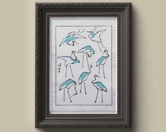 Japanischer Druck "Die Kraniche" (ツル) von Katsushika Hokusai - Gravur und Handdruck - Ukiyo-e - Traditionelle japanische Kunst