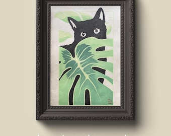 Japanischer Holzschnitt „Yiyi“ (いーい) Katze & Monstera auf Kitakata 36 g – Traditioneller Mokuhanga, vollständig handgeschnitzt und bedruckt