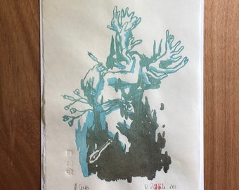 Japanischer Druck „Il Cervo“ (Der Hirsch – 鹿) von D.Rodride – Traditionelles Mokuhanga, vollständig von Hand graviert und gedruckt – [Okawara]