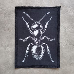 Op de afbeelding: Zwart rechthoekig embleem met een gedetailleerde witte illustratie van een mier. De mier is afgebeeld met zijn antennes omhoog en poten uitgestrekt. Het embleem heeft een zwarte rand met zichtbare stiksels, tegen een neutrale achtergrond.