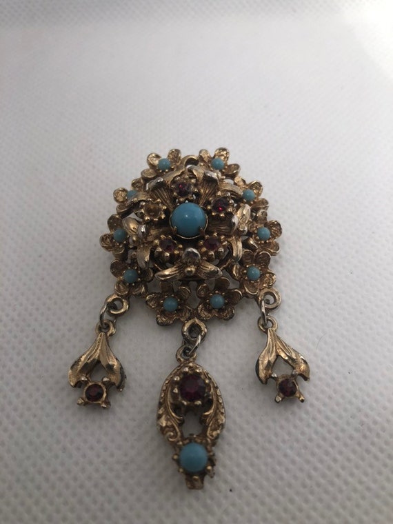 Broche Vintage Cactus – Cristaux Turquoise Et Strass, Ton Argent, Années 80
