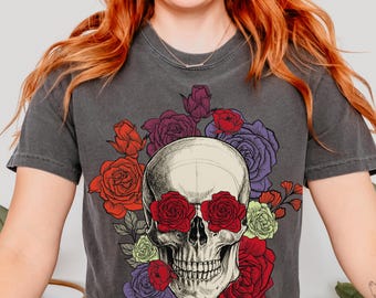Floral Skull Shirt - Halloween Graphic Tee for Women, Floral Skeleton Bloom Shirt, Floral Skull Boho Graphic Tee, Womens Fall Shirt