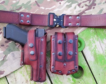 Western Leather Holster & Magazine Pouch: Fits Colt 45, Model 1911
