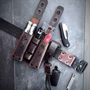 Organizador de funda de cinturón multiherramienta de cuero genuino, soporte de linterna de soporte de cinturón EDC, soporte de bolígrafo y clip de llavero, funda de funda de cuchillos