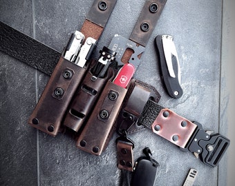 Genuine Leather Multitool Belt Sheath Organizer, EDC Belt Holder Flashlight Holder, Pen Holder and Keychain Clip, Knives Sheath Holster