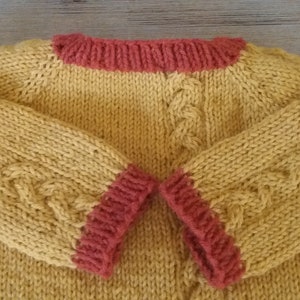 Può includere: Maglione lavorato a maglia giallo senape con dettagli a treccia sulle maniche e scollatura e polsini color corallo. Il maglione è realizzato con un filato morbido e strutturato, perfetto per la stagione fredda. Un capo fatto a mano e accogliente.
