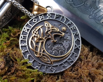 Ragnarök pendant / Ragnarok Necklace / Fenrir Pendant / Fenrir Necklace / Viking Pendant / Viking Jewelry / sköll and hati / Runes / Ragnar