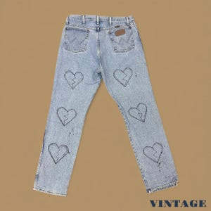 Vintage Wrangler Herz Angepasste Gerades Bein Jeans Hellblau W38 L36 Bild 1