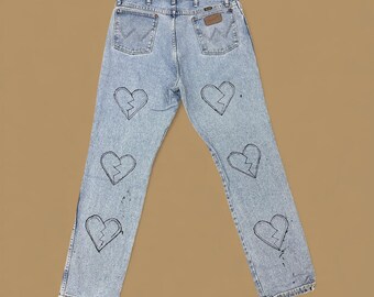 Vintage Wrangler Heart Customised Straight Leg Jeans Light Blue W38 L36