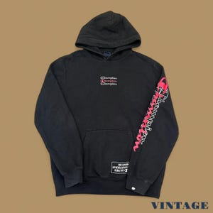 Vintage 90s Champion Black Embroidered Spell Out Hoodie Size Small