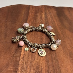 Vintage Pretty Pink/Green Gold Tone Charm Bracelet Unique Gift
