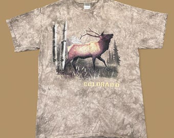 Vintage Colorado Elk Graphic Print T-Shirt Beige Medium