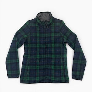 May include: A full-zip fleece jacket in a green and navy blue plaid pattern. The jacket has a high collar, two front pockets, and a gray lining. The jacket is a medium weight and suitable for cool weather.