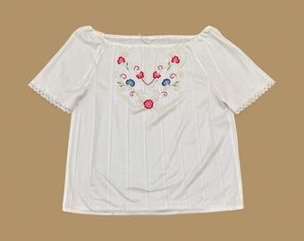 Vintage Embroidered Tunic Blouse Top White Large