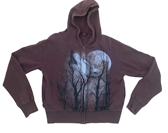 Vintage Womens Wolf Scene Zip Hoodie Brown Medium