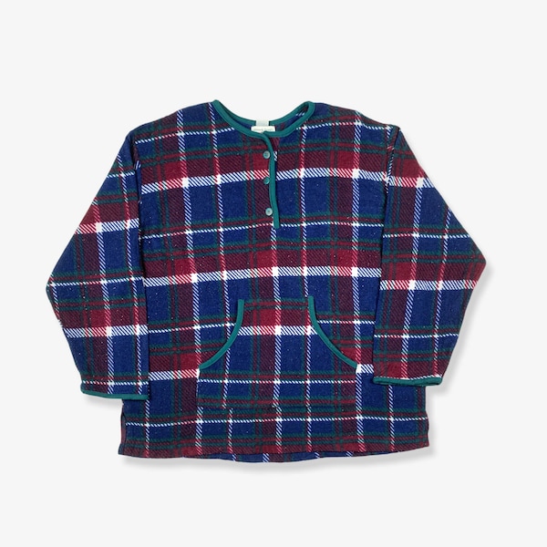 Vintage Checked 1/4 Neck Grandma Fleece Burgundy/Navy 2XL