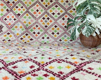 Handmade Moroccan Rug in Cream and Maroon, and pink with colorful pops