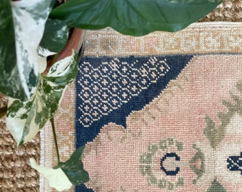 Vintage Pink and Blue Rug - Small Vintage Rug - Mat Size Bathroom Rug - Entryway Rug - Small Neutral Rug