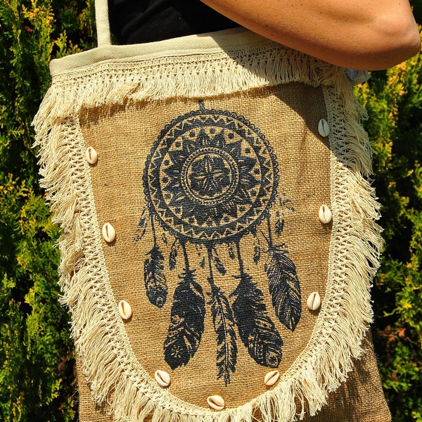 Gipsy Bag Dreamcatcher aus Jute und gefüttertem Canvas mit Reißverschluss und Tragegriffen Bohemian Hippie-Chic Must Have