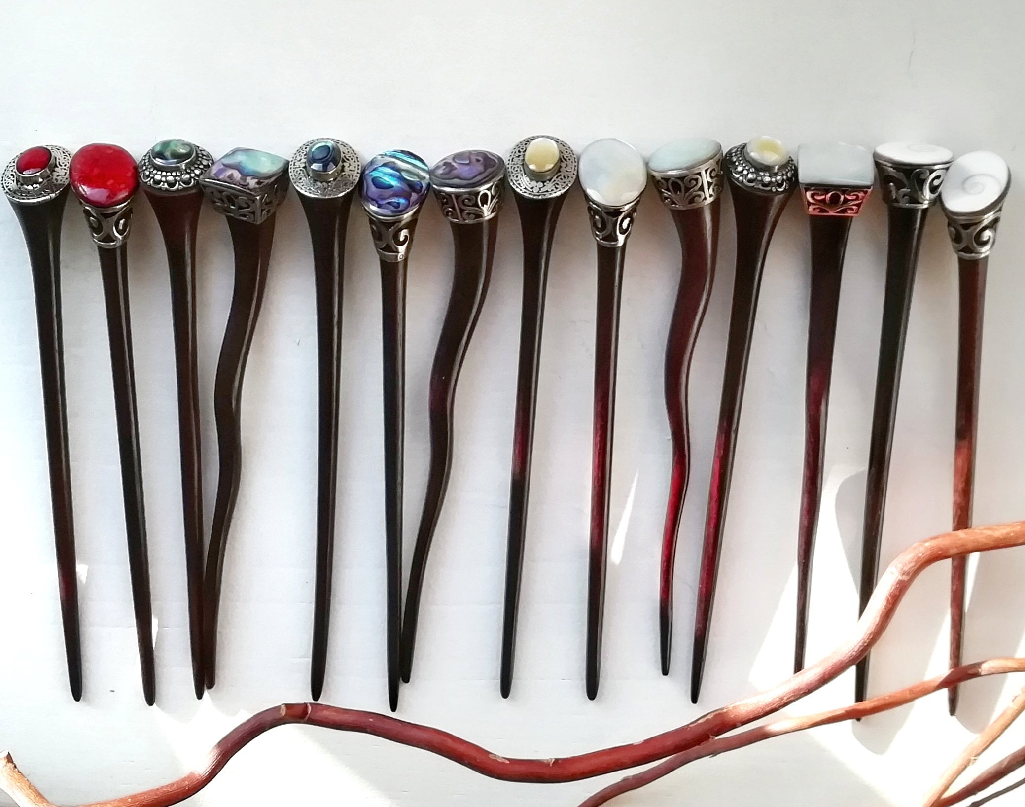 Natural Indian Rosewood Handmade Hairsticks Natural Shell+Stainless Steel Deco Mixed Styles