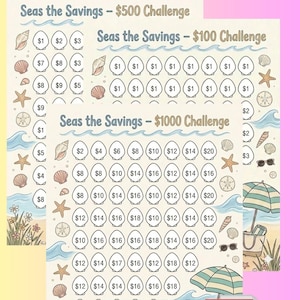 Könnte beinhalten: Ein ausdruckbarer Spar-Challenge mit Strandmotiv, Muscheln, Wellen und einem Sonnenschirm. Das Design umfasst drei Herausforderungen: 500 $, 100 $ und 1000 $. Jede Herausforderung hat Kreise mit Beträgen.
