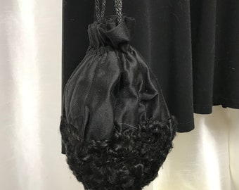 Vintage black satin handbag, vintage black Persian sheepskin bag