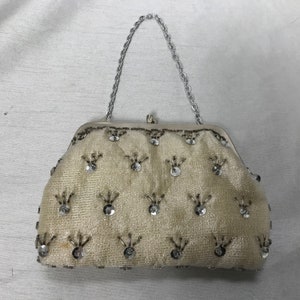Vintage handbag in shiny fabric, trimmed with sequins and pearls