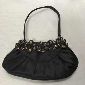 Vintage black handbag, black satin bag trimmed with multicolored pearls