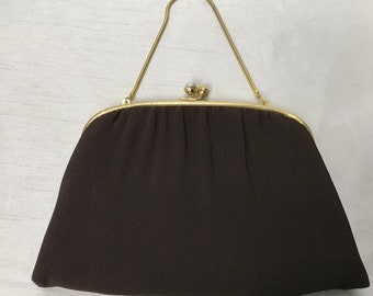 Vintage brown handbag, crepe fabric bag.