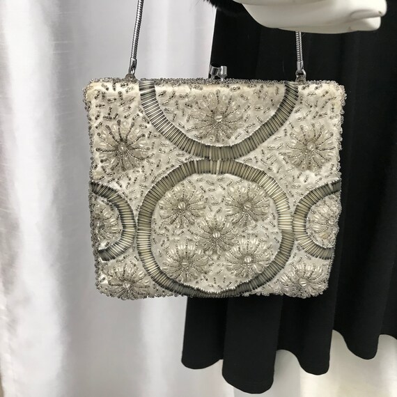 Vintage white handbag, handbag with white and grey