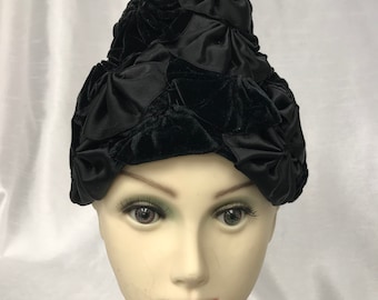 Small vintage black hat, satin black hat and velvet, ceremonial hat,