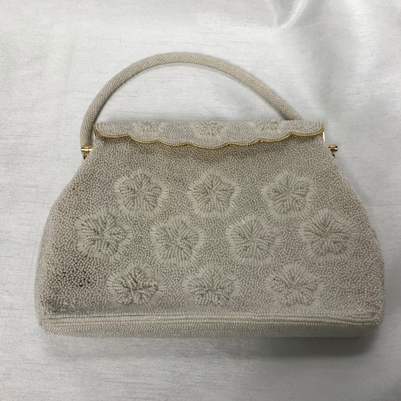 White vintage handbag, beaded bag, white hand-worn