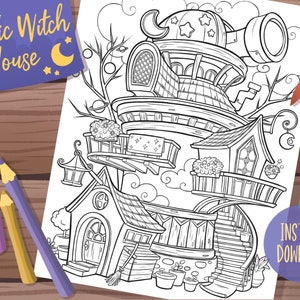 Página para colorear de la Casa de la Bruja Cósmica / Página para colorear imprimible para adultos / Casa de la Bruja detallada y espeluznante para los amantes de la magia y la fantasía
