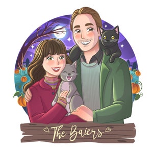 Retratos personalizados de estilo gótico, ilustraciones lindas y espeluznantes para regalo de aniversario, regalo del día de la madre, retrato de bruja, arte de pared de Halloween