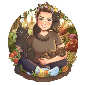 以下が含まれることがあります： 花冠をかぶった茶髪の女性が、3匹の猫と一緒に森の中に座っています。彼女は1匹の猫を抱っこしていて、もう1匹の猫が肩に乗っています。3匹目の猫は彼女の後ろの切り株に座っています。女性は茶色のシャツと青いジーンズを着用しています。背景は、キノコと葉のある緑の森です。