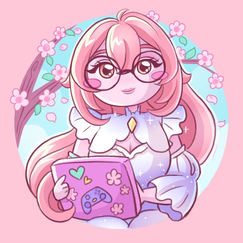 Puede incluir: Una ilustraci&oacute;n rosa y blanca de una mujer con el pelo largo rosa que lleva gafas y un vestido blanco. Est&aacute; sosteniendo un mando de videojuego rosa y morado con un coraz&oacute;n y flores. El fondo es un c&iacute;rculo azul claro con flores de cerezo rosas.