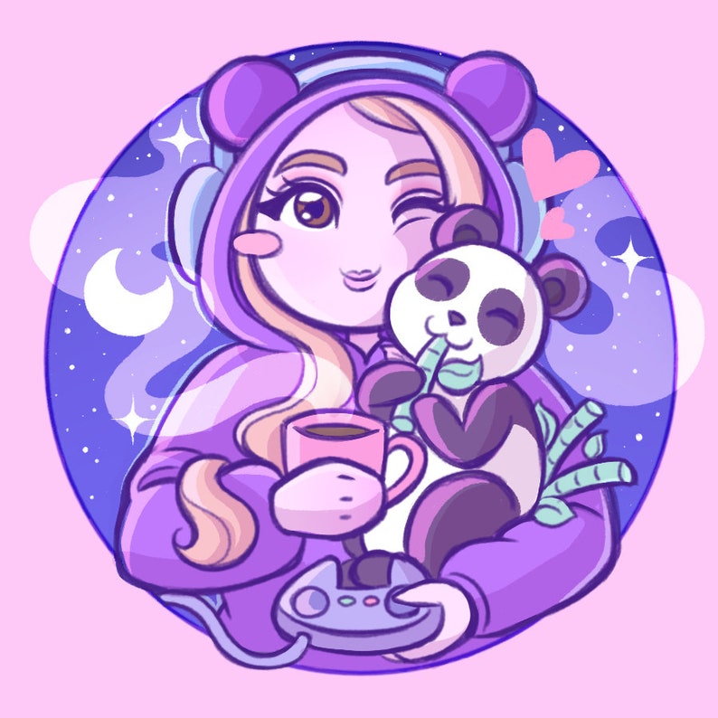 Puede incluir: Un personaje de dibujos animados vestido de morado con cabello rubio y un oso panda en sus brazos. El personaje lleva auriculares y sostiene una taza de caf&eacute; y un mando de videojuego. El fondo es un cielo estrellado azul y morado.